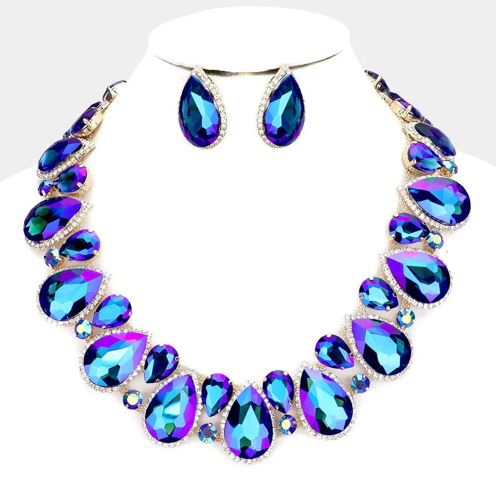Blue Crystal Rhinestone Trim Teardrop Pageant Necklace on Gold | Evening Necklace  | 462520