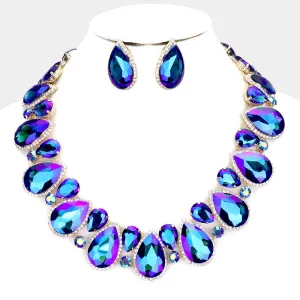Blue Crystal Rhinestone Trim Teardrop Pageant Necklace on Gold | Evening Necklace  | 462520