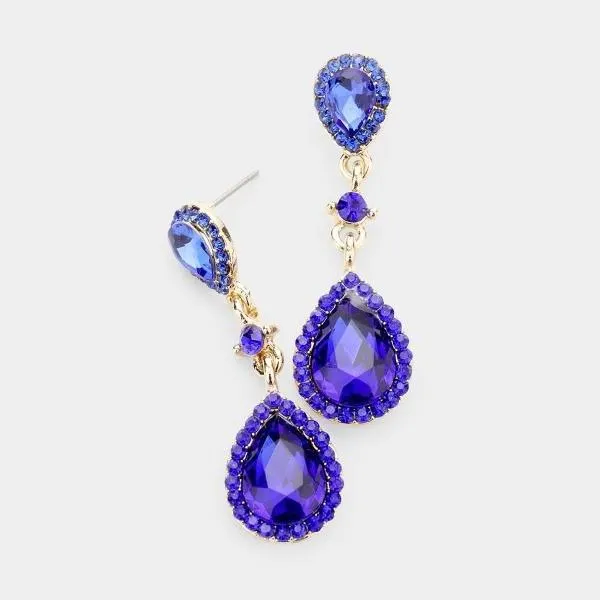 Blue Pear Crystal Evening Earrings