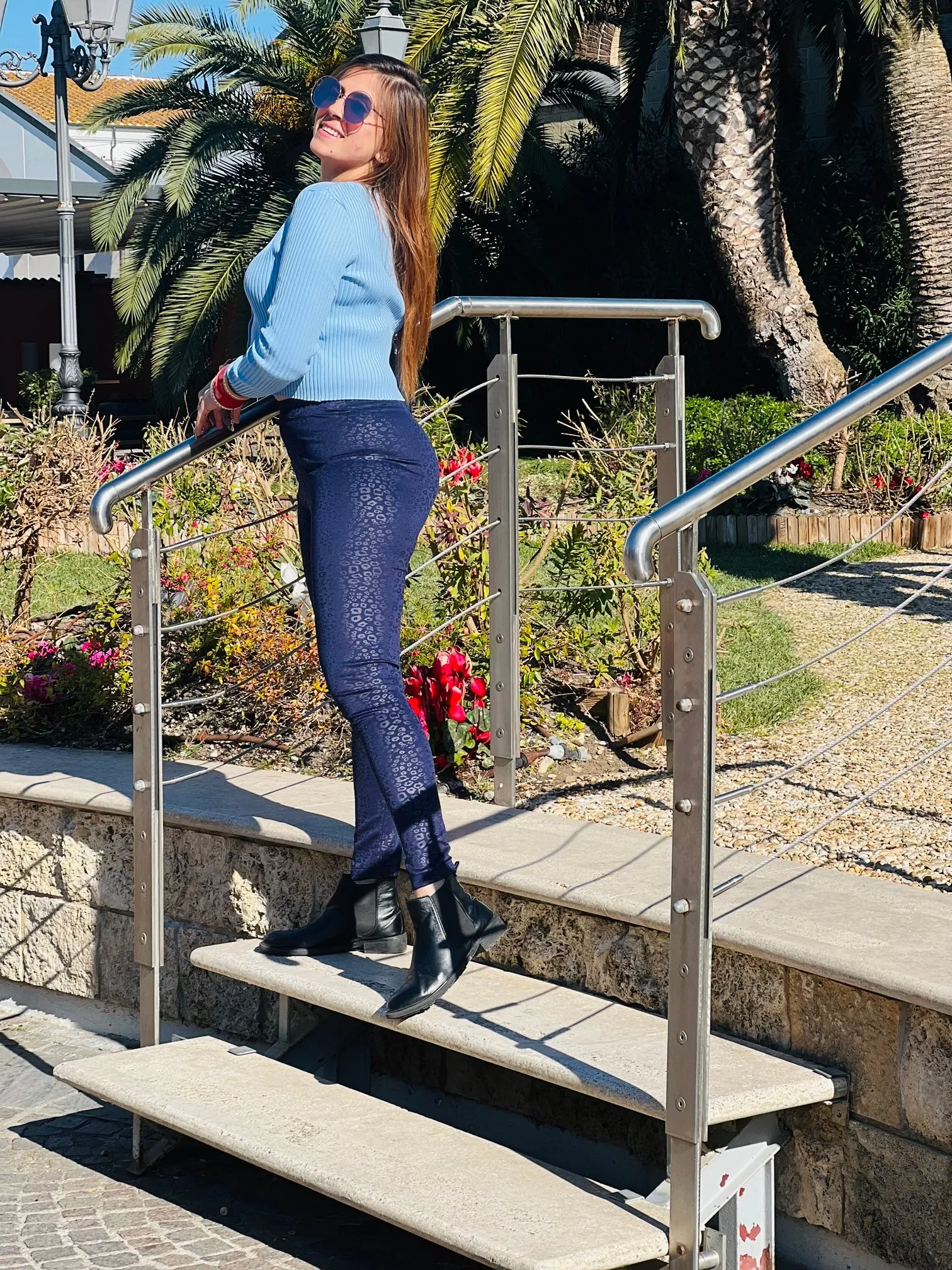 Blue Self Cheetah Pants