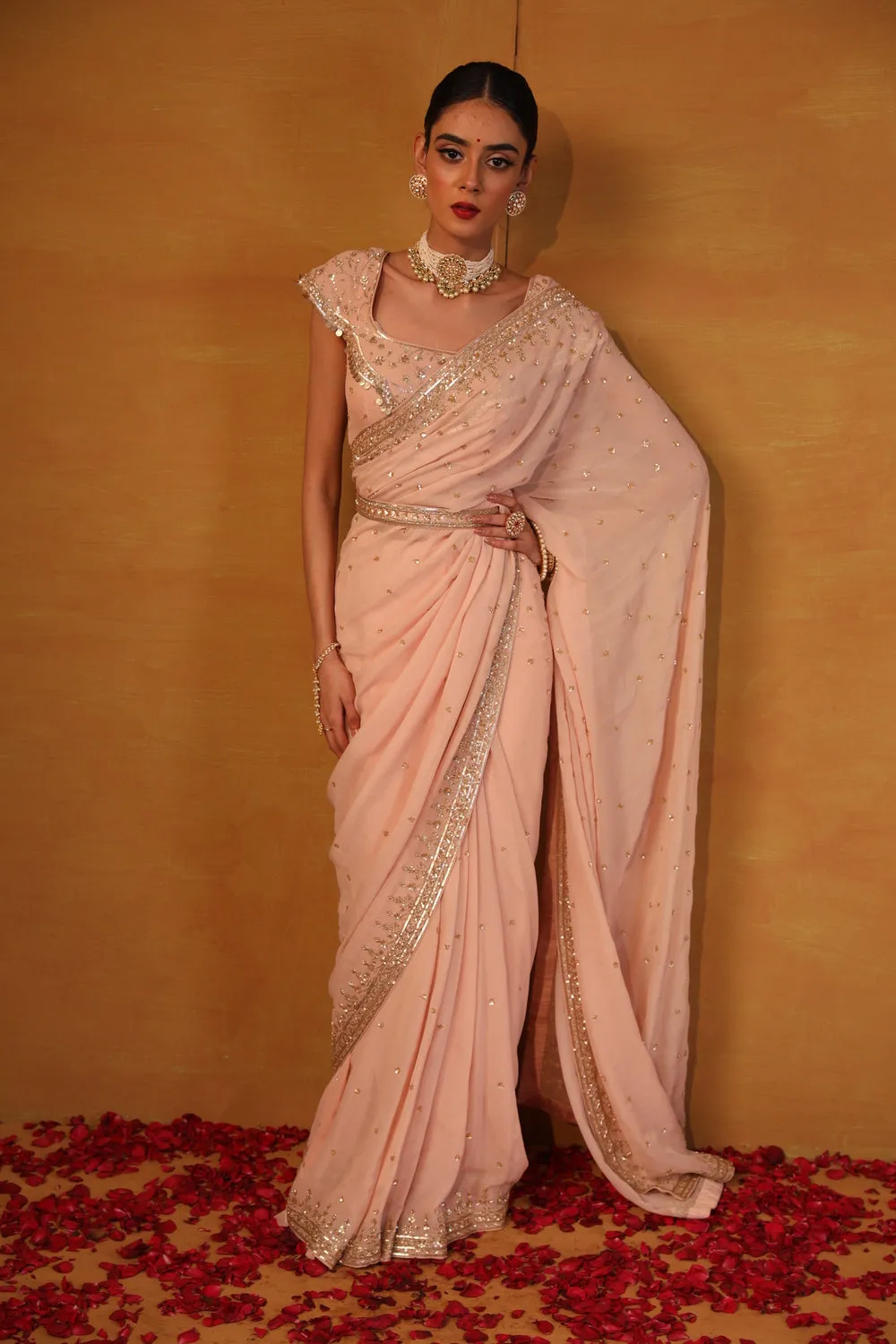 Blush pink georgette saree