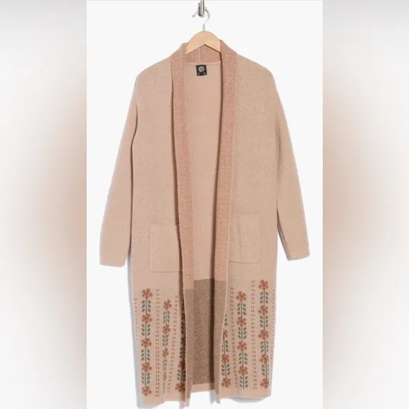 Bobeau Floral Shawl Collar Longline Cardigan