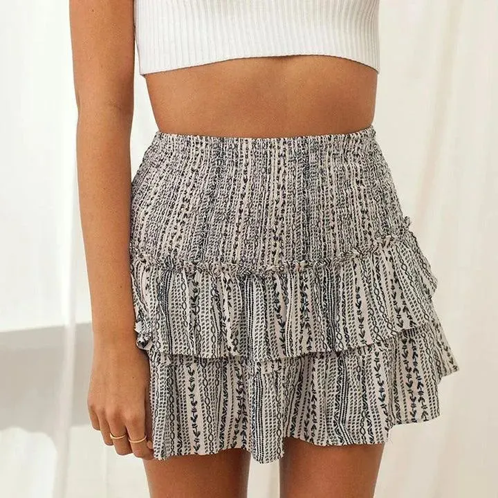Boho Belle™ | Women's Mini Skirt | Bohemian Print, A-Line Flowy Design, Smocked Waist & Ruffled Layers