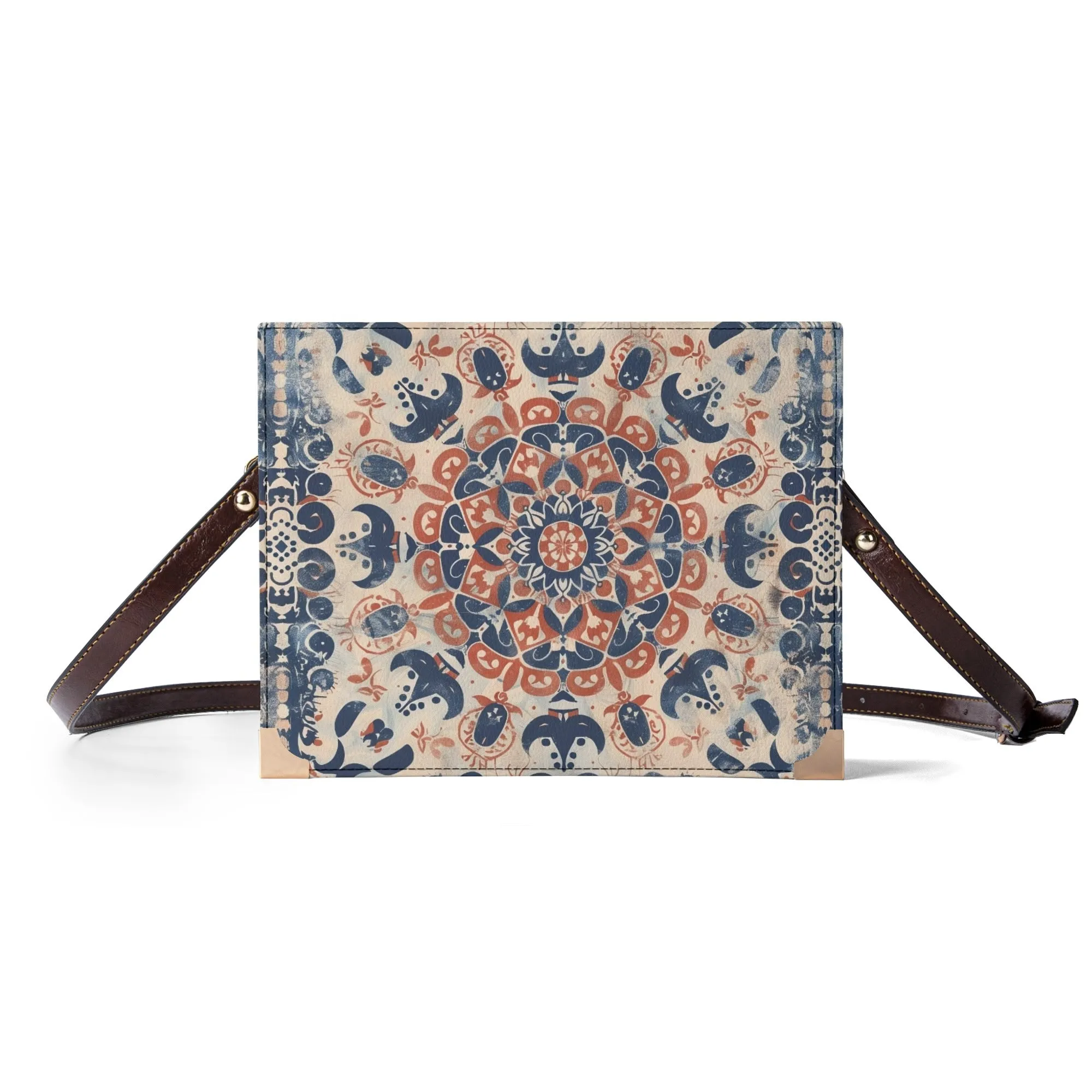 Boho Mandala Bible Cover Purse – Rustic Americana Charm Denim Blue & Rooibos Red Vegan Leather Crossbody