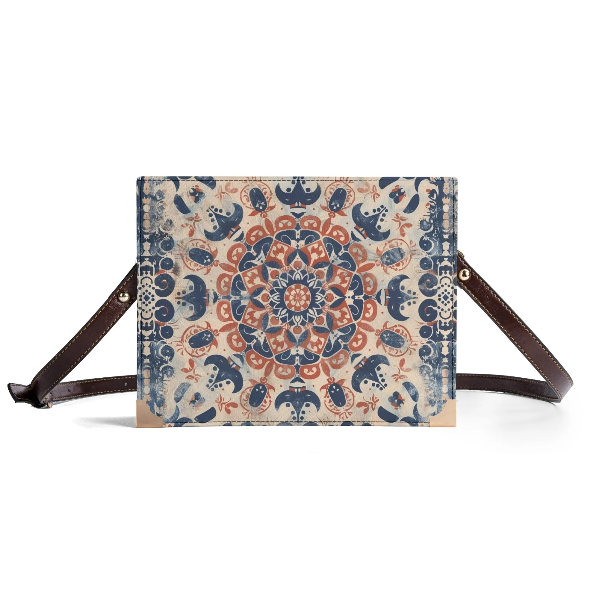 Boho Mandala Bible Cover Purse – Rustic Americana Charm Denim Blue & Rooibos Red Vegan Leather Crossbody