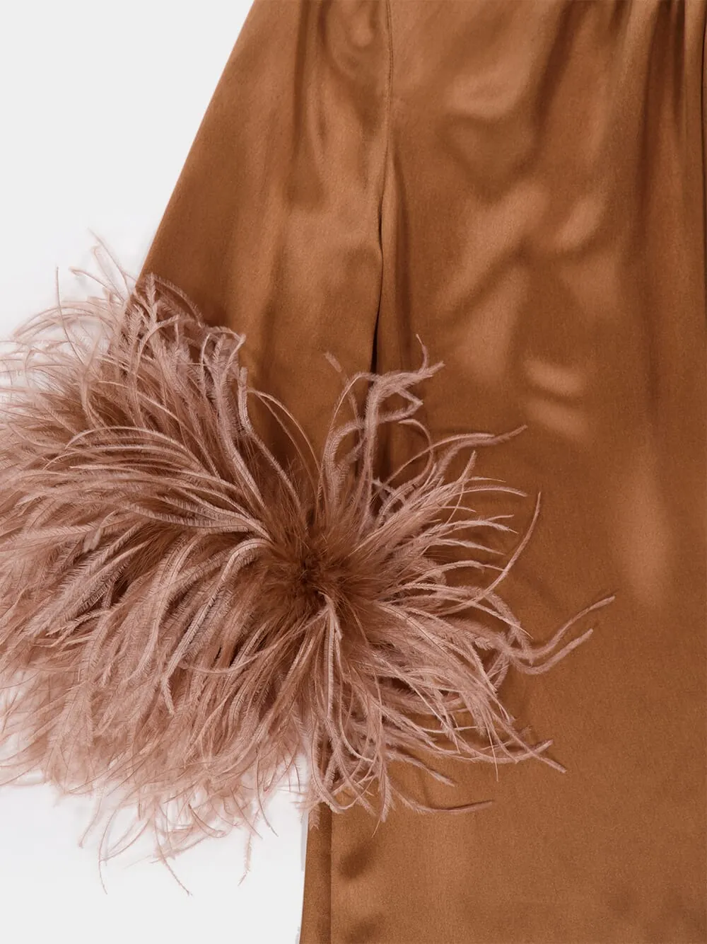 Brown Satin Turtleneck Top with Feathers