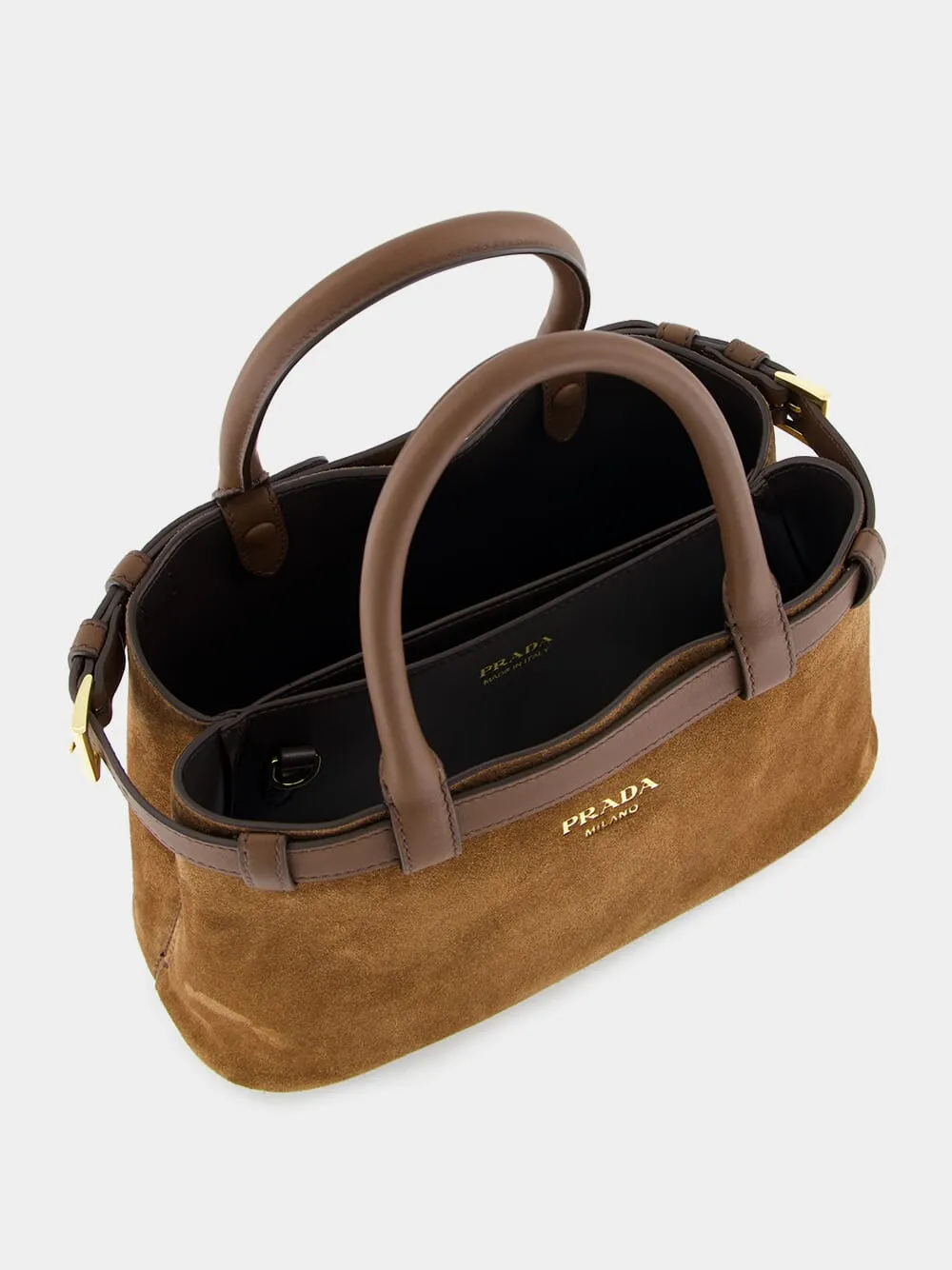 Brown Suede Buckle Small Handbag with Leather Belt Detail
