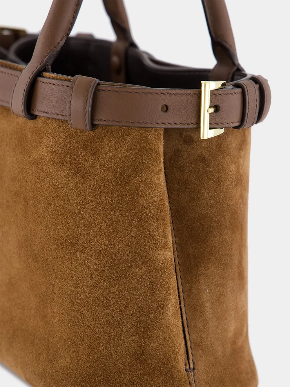 Brown Suede Buckle Small Handbag with Leather Belt Detail