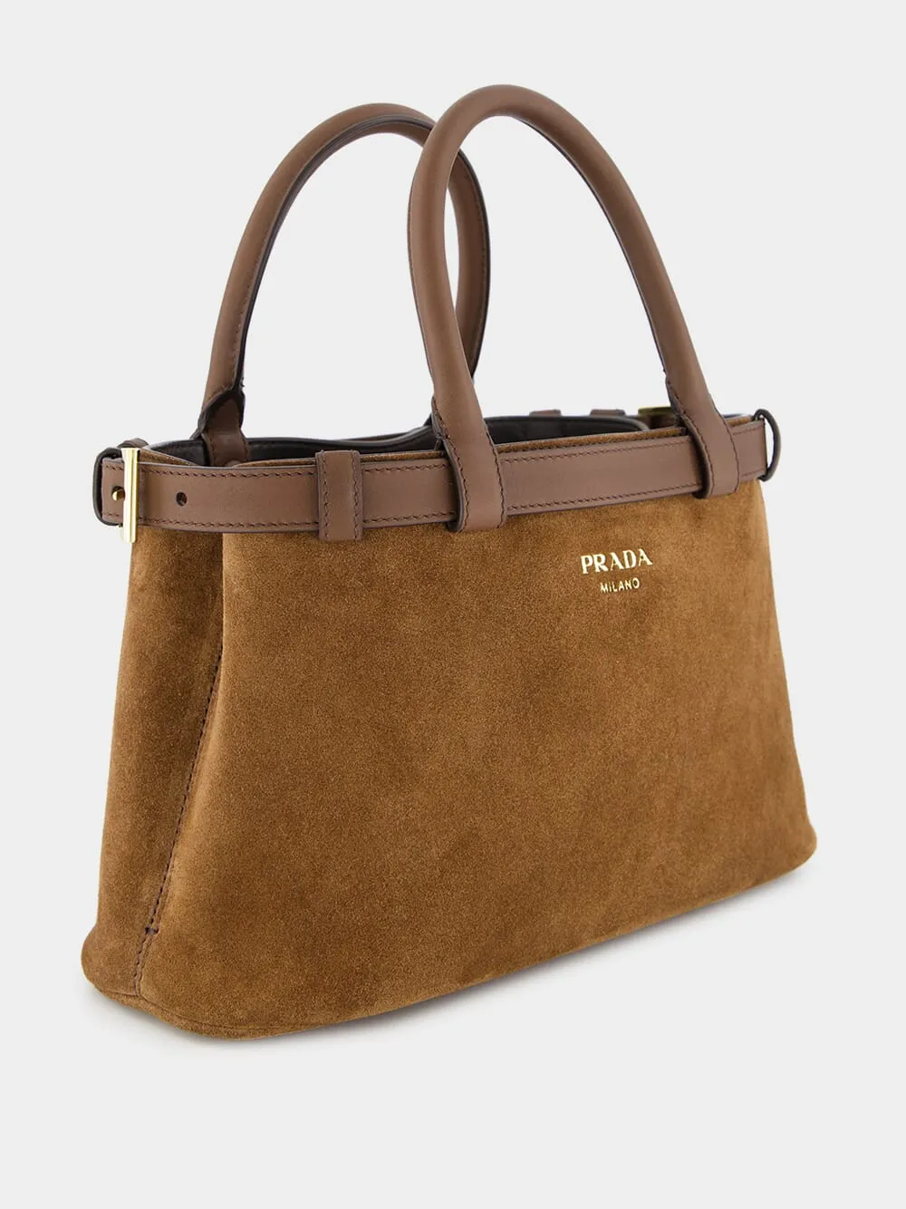 Brown Suede Buckle Small Handbag with Leather Belt Detail