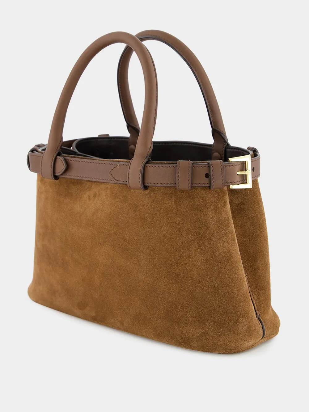 Brown Suede Buckle Small Handbag with Leather Belt Detail