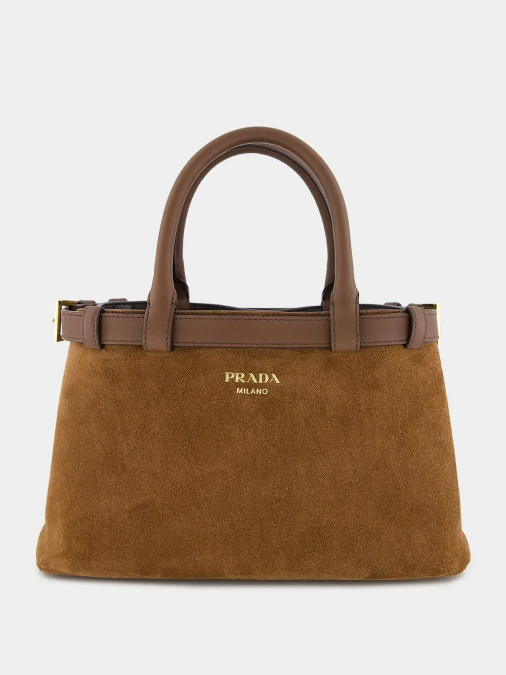 Brown Suede Buckle Small Handbag with Leather Belt Detail