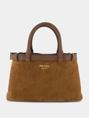 Brown Suede Buckle Small Handbag with Leather Belt Detail