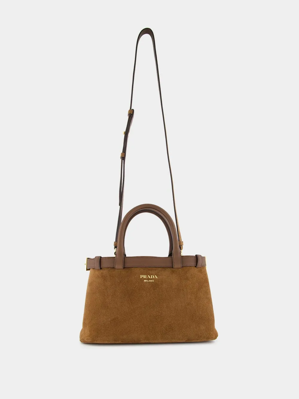 Brown Suede Buckle Small Handbag with Leather Belt Detail