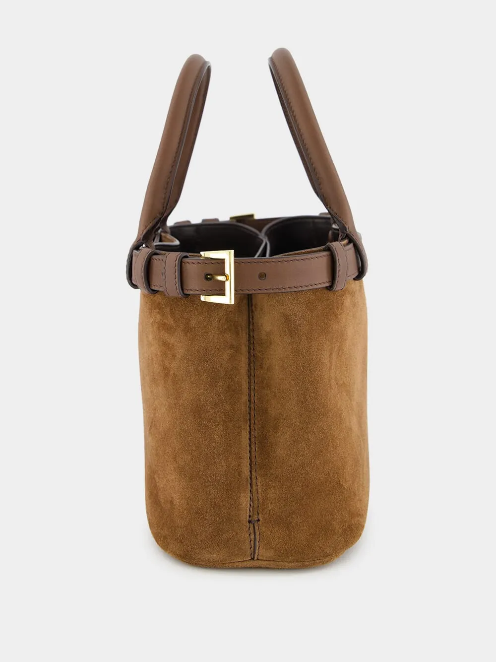Brown Suede Buckle Small Handbag with Leather Belt Detail