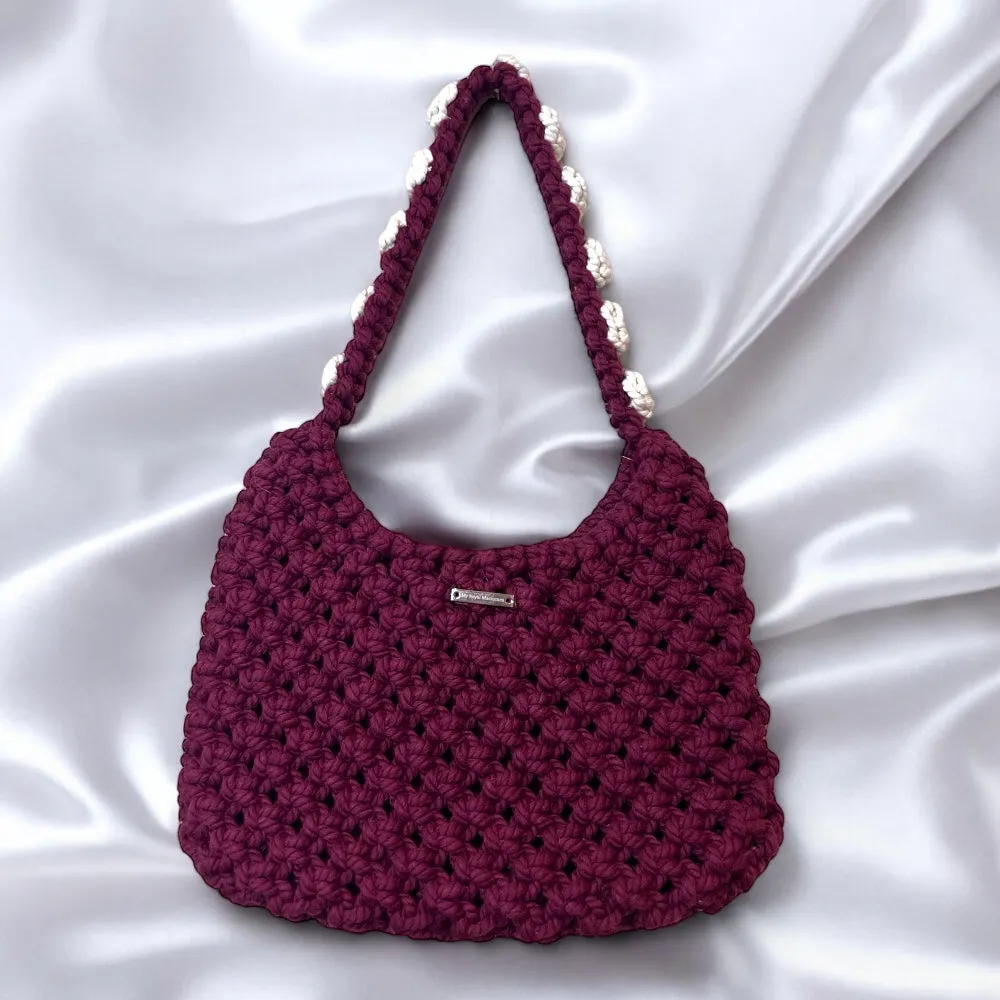 Burgundy - Ecru Floral Macrame Shoulder Bag