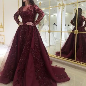 Burgundy long sleeve evening dresses 2020 lace appliqué beaded elegant detachable train evening gown