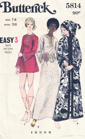Butterick 5814 Womens Boho Flared Sleeve Caftan Cover Up Dress or Top with Optional Hood 1970s Vintage Sewing Pattern Size 14 Bust 36 Inches