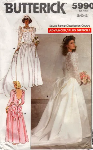 Butterick 5990 Womens Lace Trimmed Wedding Dress with Optional Train 1980s Vintage Sewing Pattern Size 8 - 12