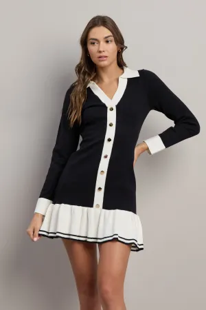 Button Detailed Contrast Trim Dress