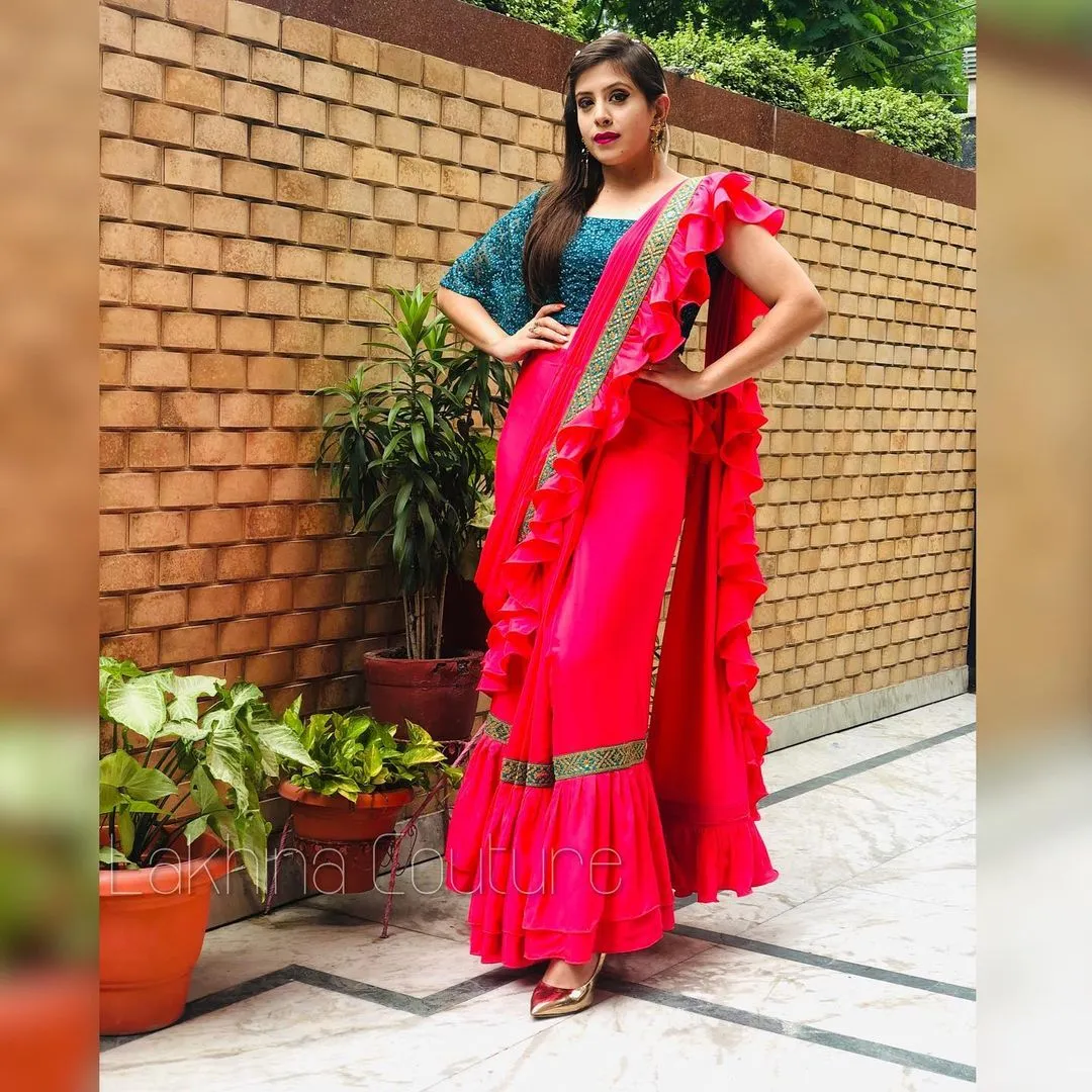 Carrot Pink Peacock Ruffle Saree