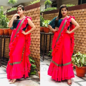 Carrot Pink Peacock Ruffle Saree