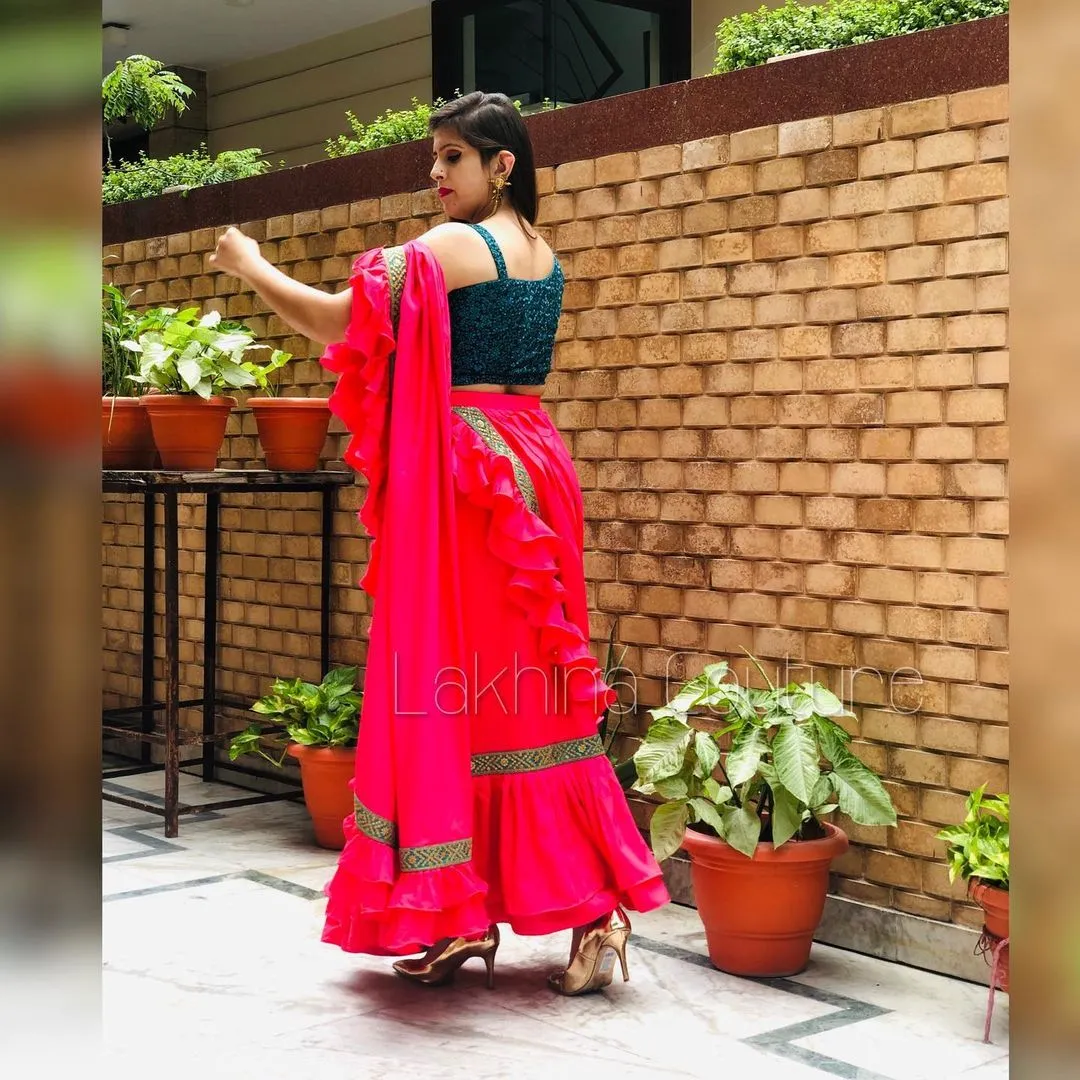 Carrot Pink Peacock Ruffle Saree