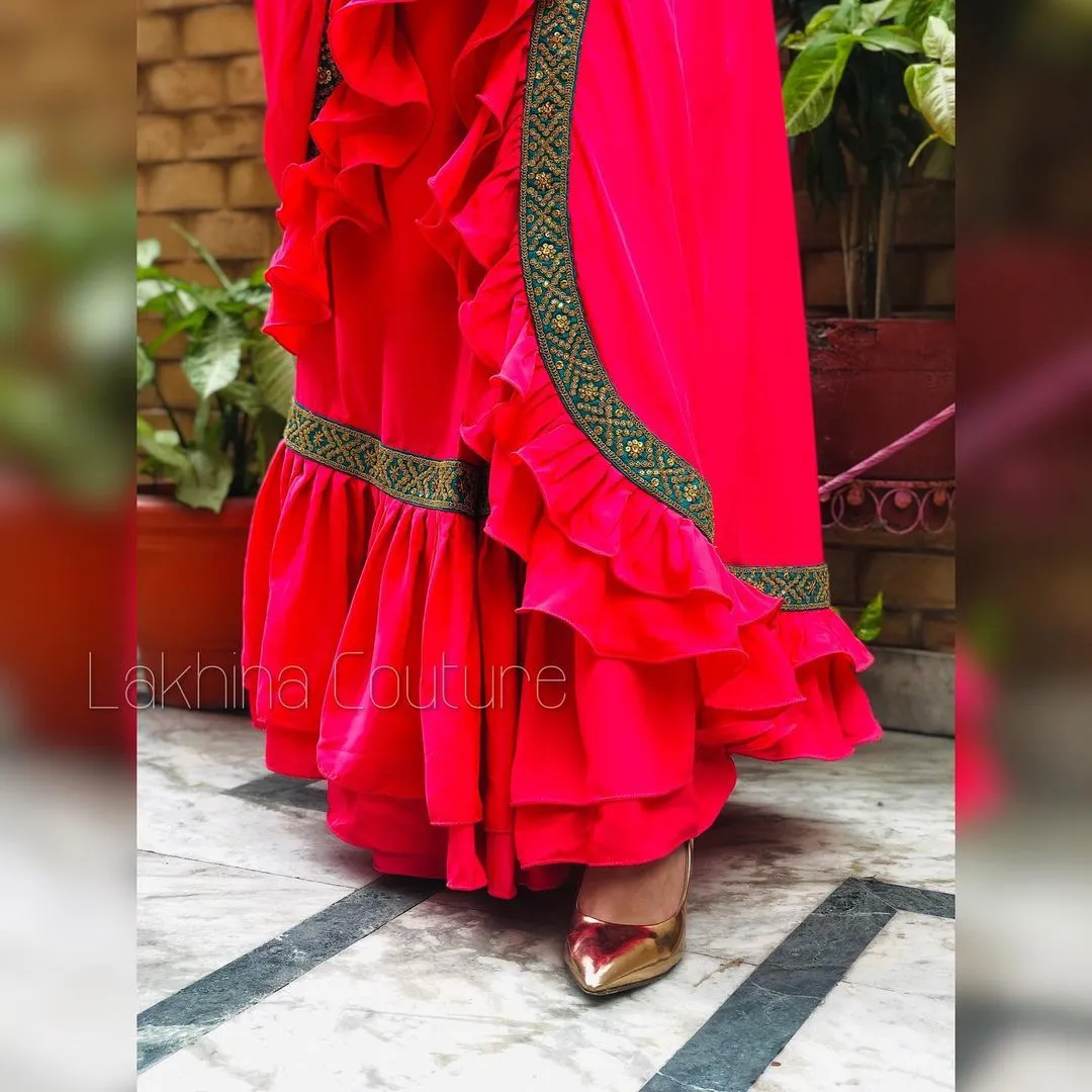 Carrot Pink Peacock Ruffle Saree