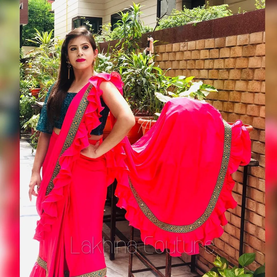 Carrot Pink Peacock Ruffle Saree