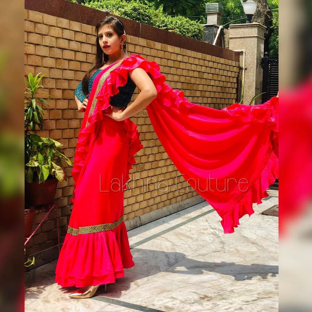 Carrot Pink Peacock Ruffle Saree