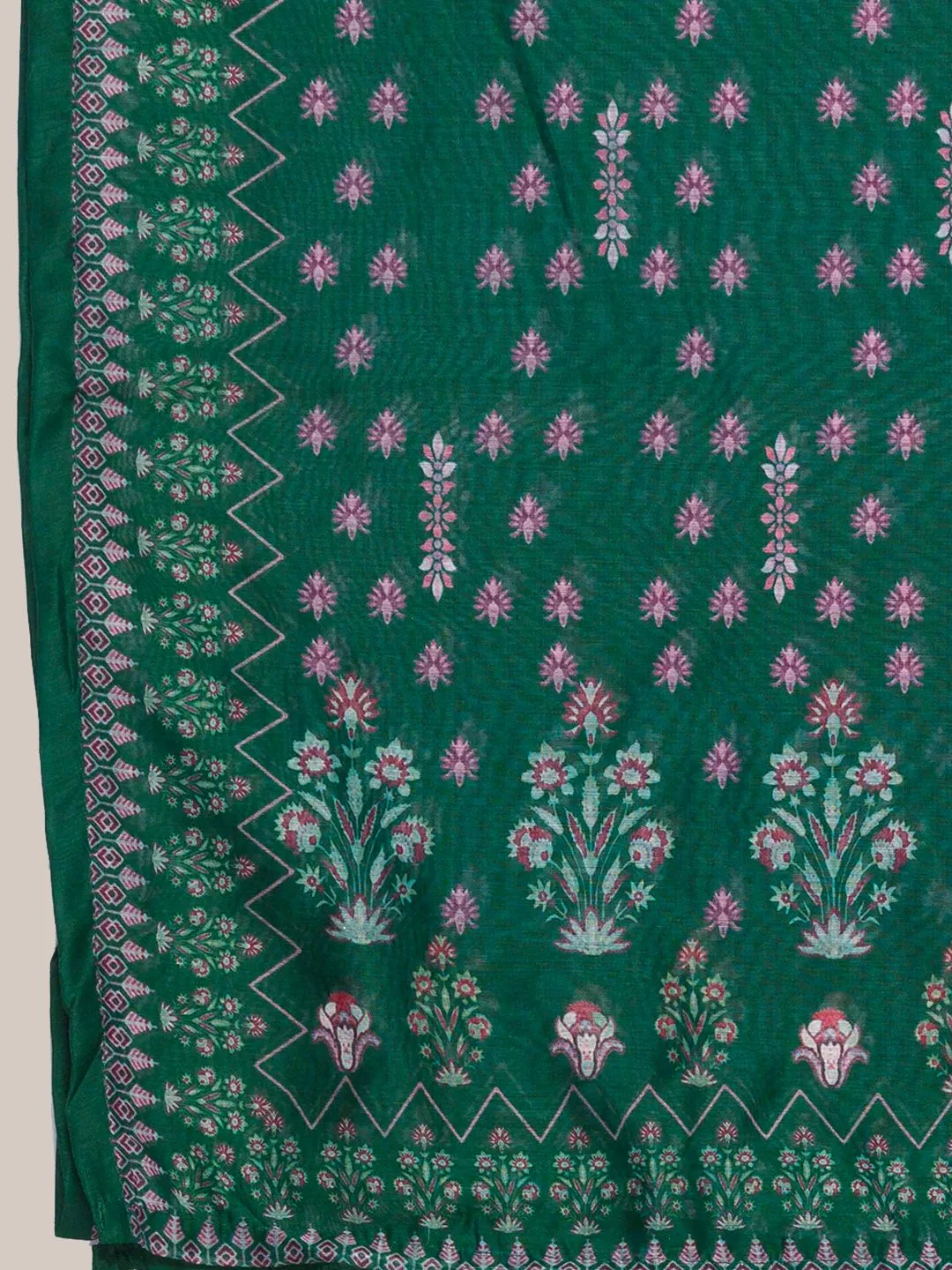 Chanderi Silk Mandarin Collar 3/4th Sleeves Green Mughal Prints Kurta Set With Dupatta For Women - ZOLA