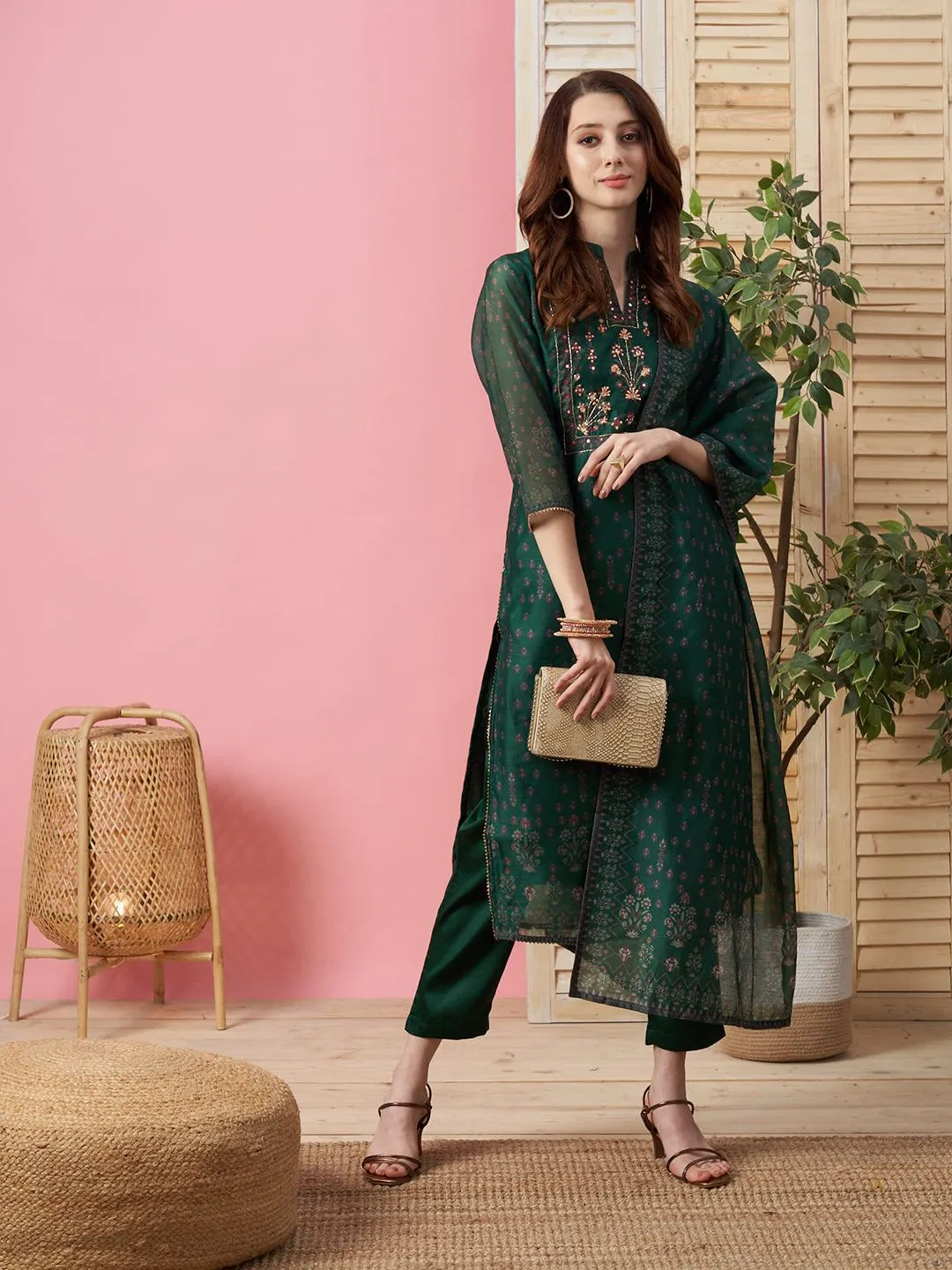 Chanderi Silk Mandarin Collar 3/4th Sleeves Green Mughal Prints Kurta Set With Dupatta For Women - ZOLA