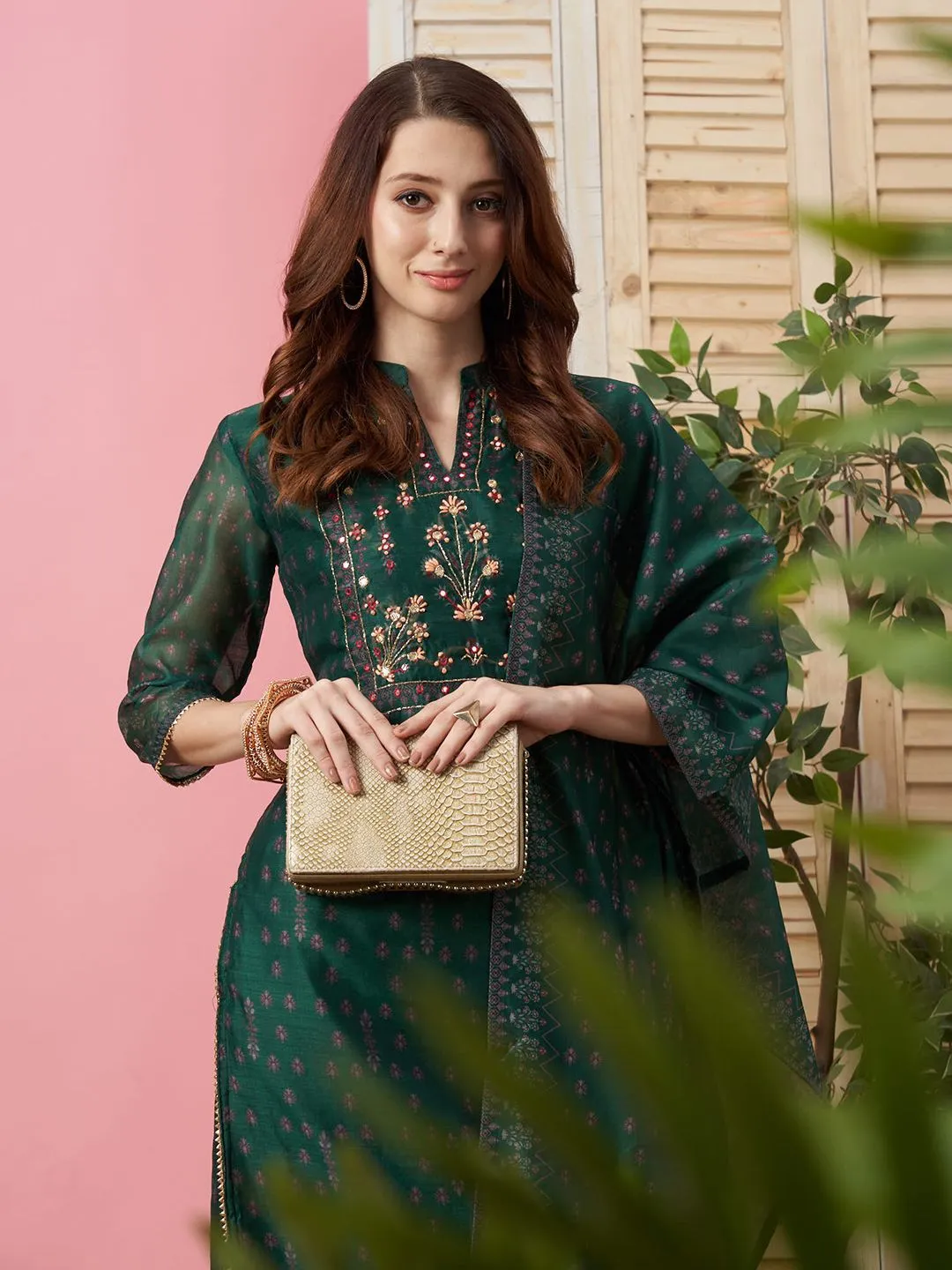 Chanderi Silk Mandarin Collar 3/4th Sleeves Green Mughal Prints Kurta Set With Dupatta For Women - ZOLA