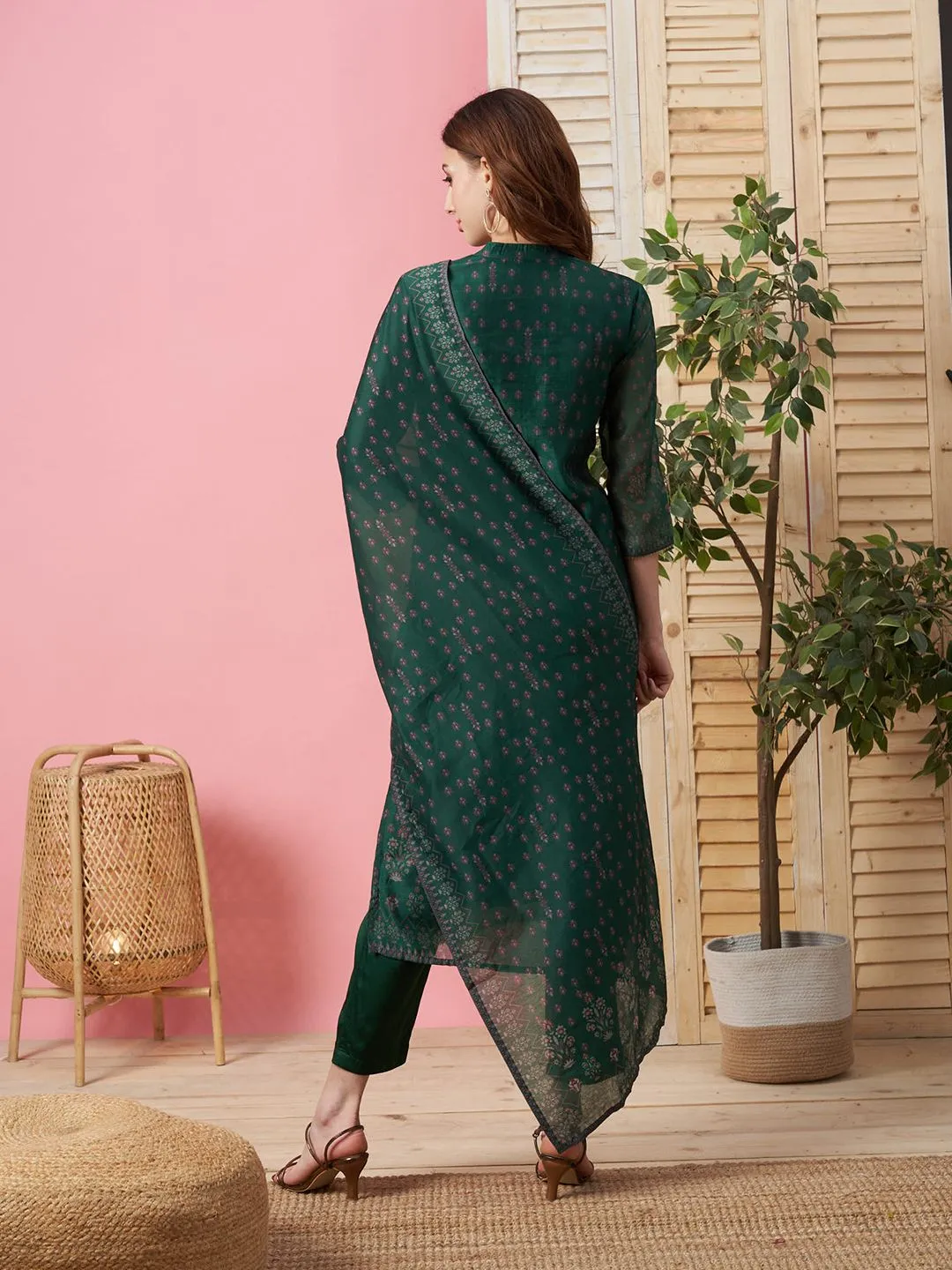 Chanderi Silk Mandarin Collar 3/4th Sleeves Green Mughal Prints Kurta Set With Dupatta For Women - ZOLA