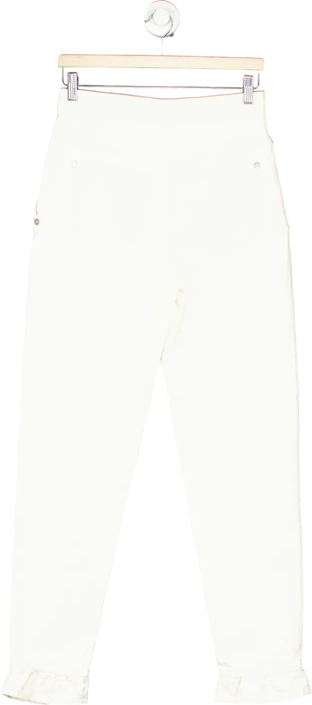 CHANEL White Denim Logo Button Ruffled Hem High Rise Jeans SZ36 UK 8