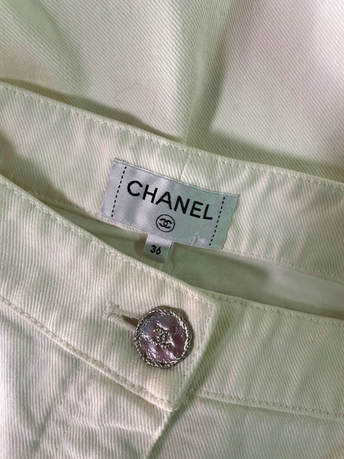 CHANEL White Denim Logo Button Ruffled Hem High Rise Jeans SZ36 UK 8