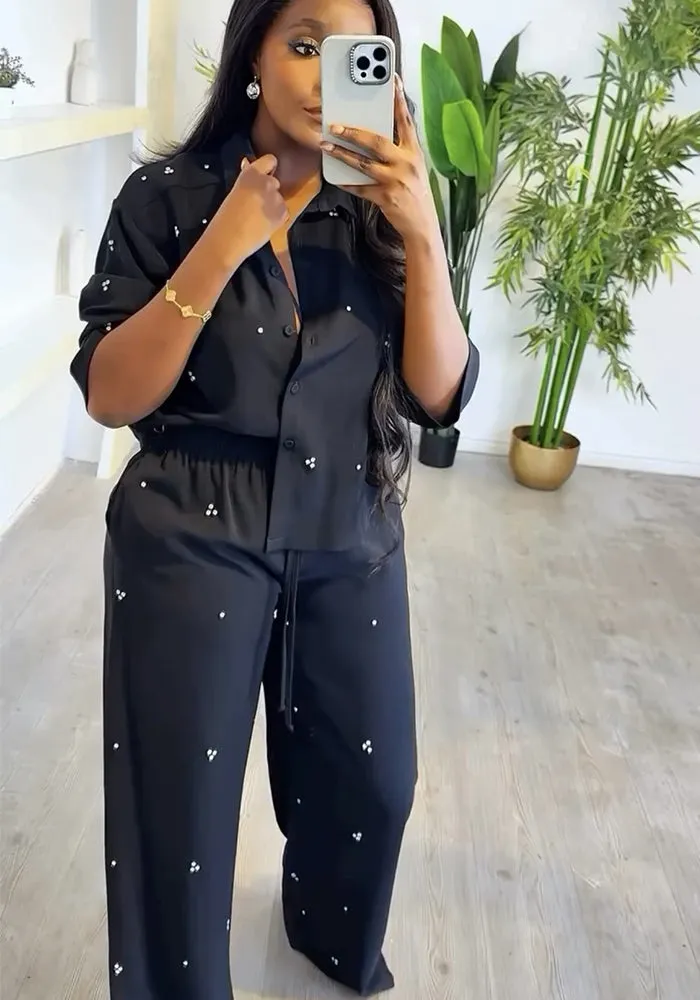 Chic Studded Diamond Long Sleeve Top and Wide-Leg Pants Two-Piece Set