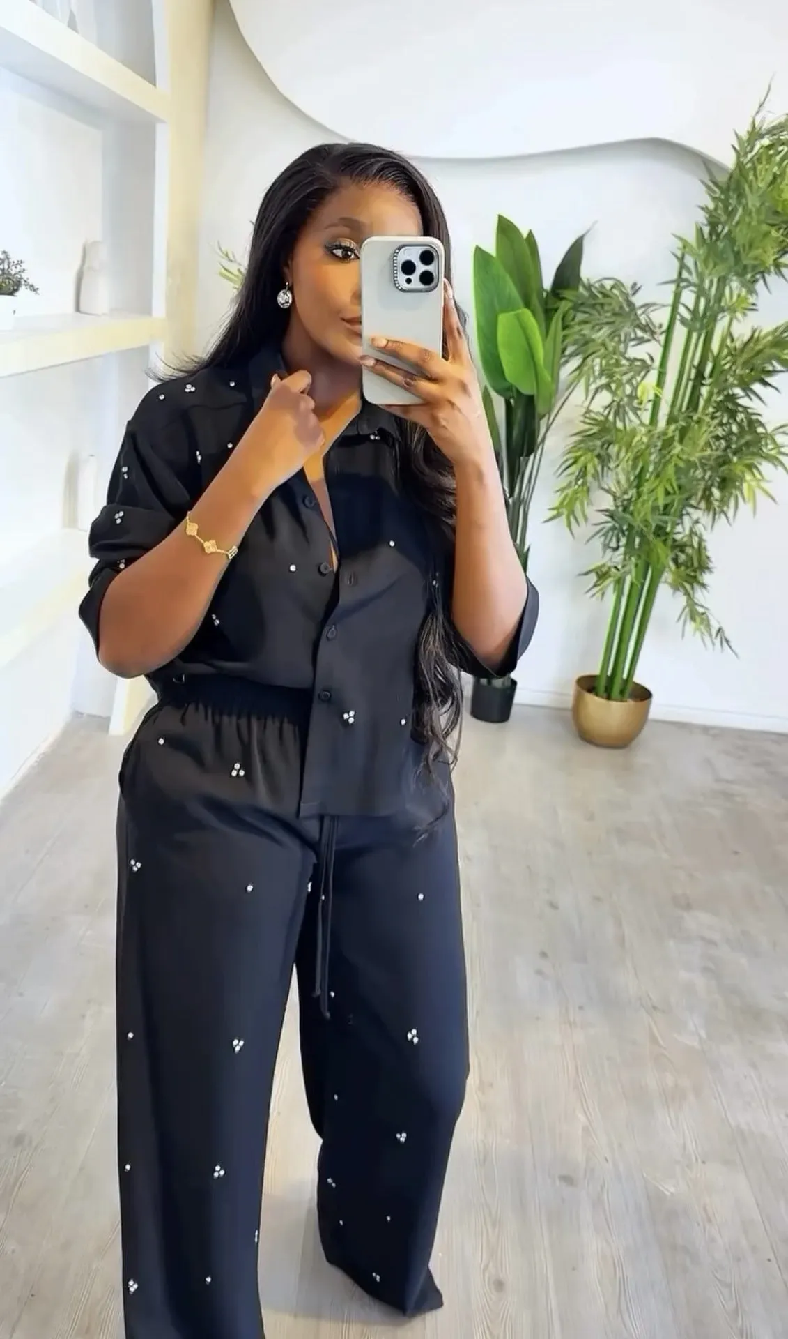 Chic Studded Diamond Long Sleeve Top and Wide-Leg Pants Two-Piece Set