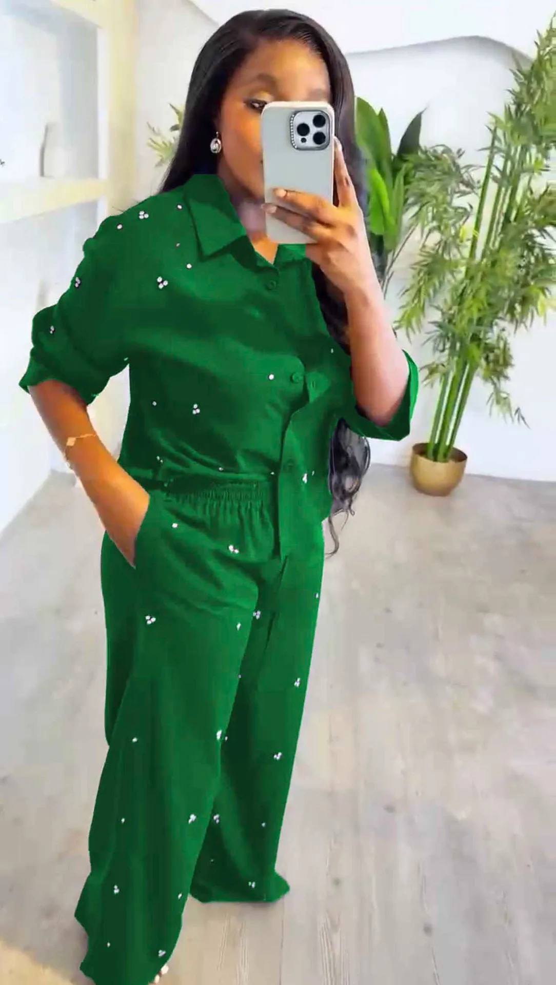 Chic Studded Diamond Long Sleeve Top and Wide-Leg Pants Two-Piece Set