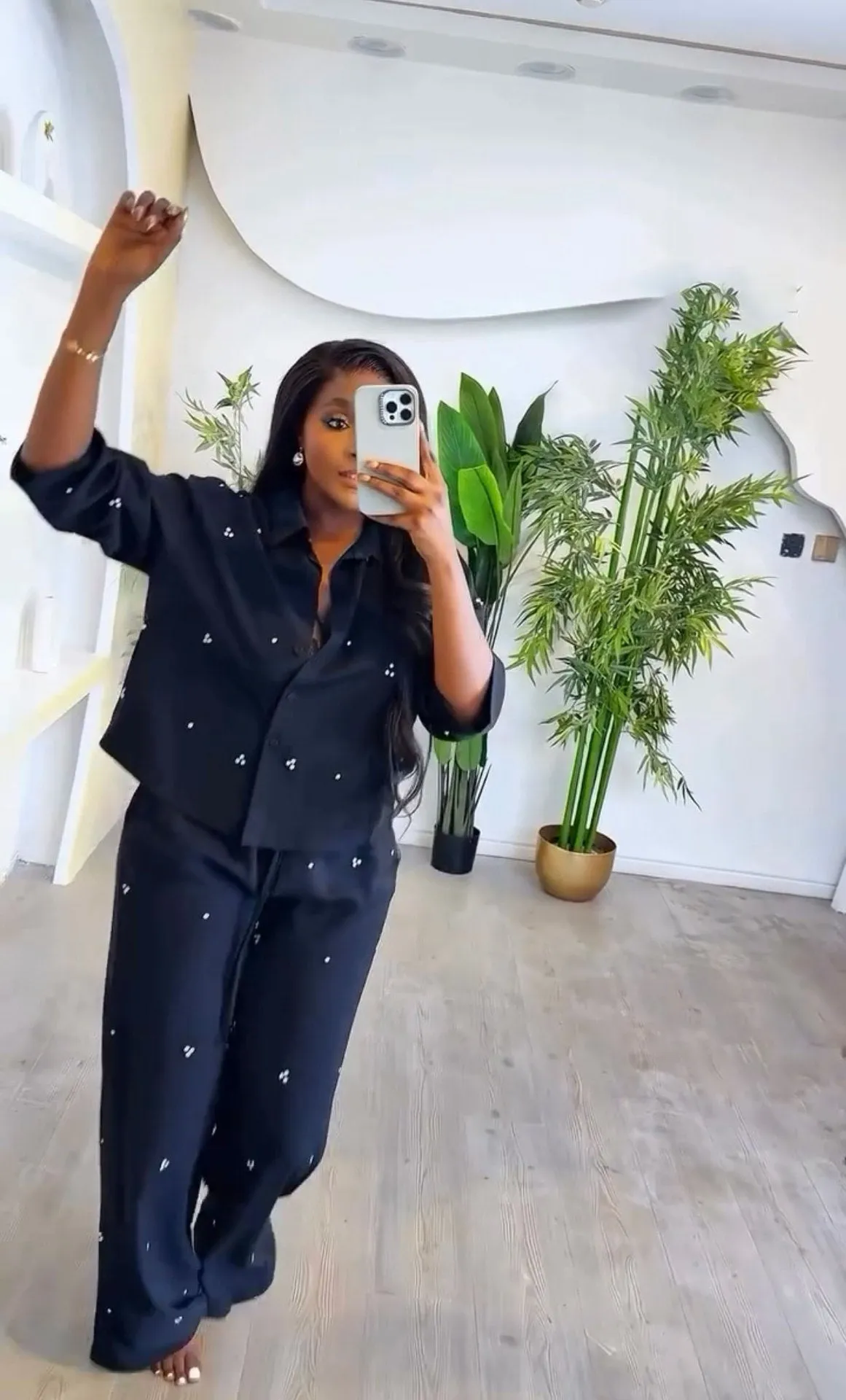 Chic Studded Diamond Long Sleeve Top and Wide-Leg Pants Two-Piece Set