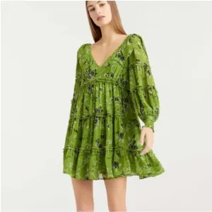 Cinq a Sept Vicky Dress in Fennel Green Black Tiered Oversized Blouson Size 2