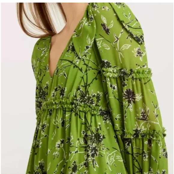 Cinq a Sept Vicky Dress in Fennel Green Black Tiered Oversized Blouson Size 2