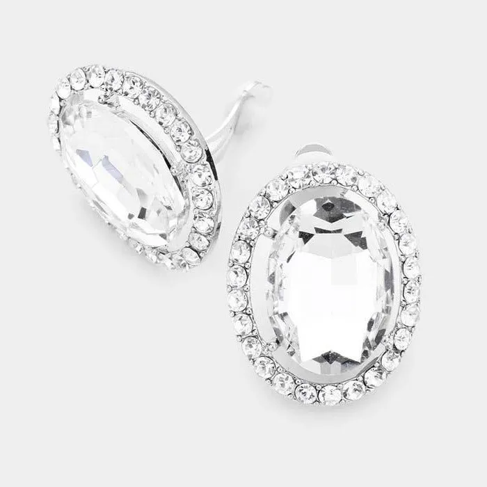 Clear Rhinestone Trim Oval Evening Silver Clip on Earring