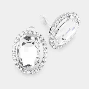 Clear Rhinestone Trim Oval Evening Silver Clip on Earring