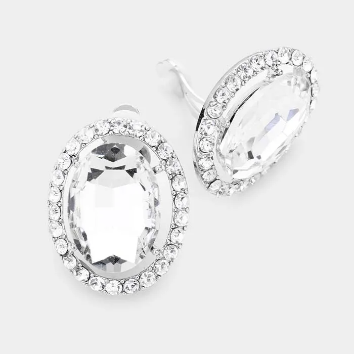 Clear Rhinestone Trim Oval Evening Silver Clip on Earring