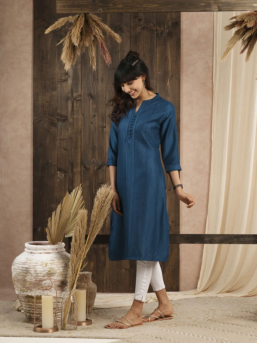 Comfort Fit Blue Chanderi Silk Kurta for Women Online - Zola
