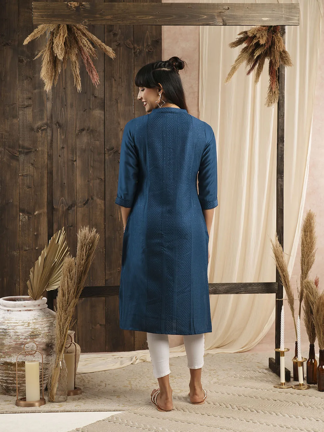 Comfort Fit Blue Chanderi Silk Kurta for Women Online - Zola