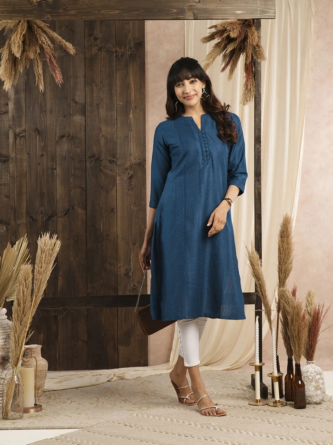 Comfort Fit Blue Chanderi Silk Kurta for Women Online - Zola