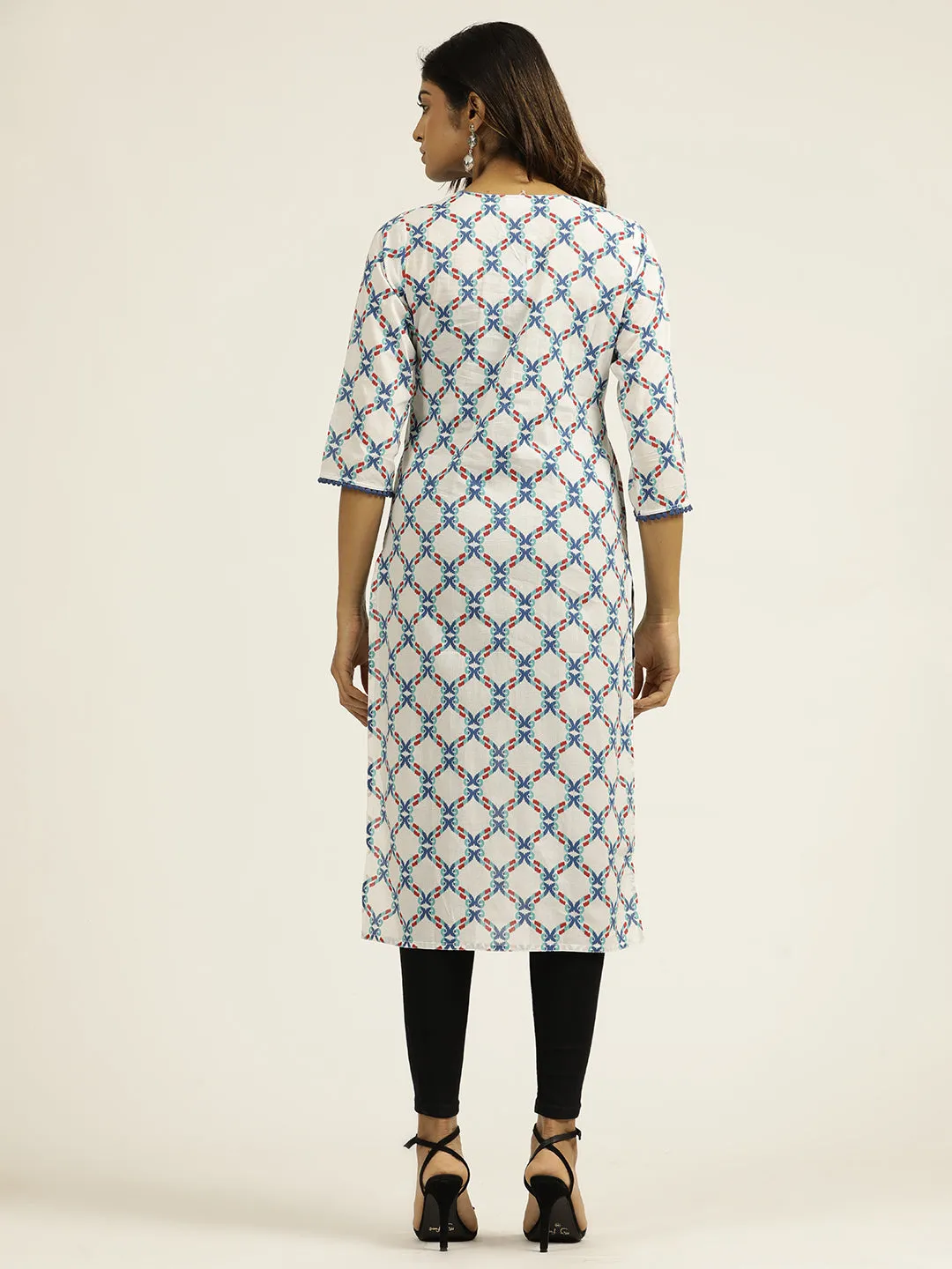 Cotton Blue Ethnic Printed White Straight Kurta