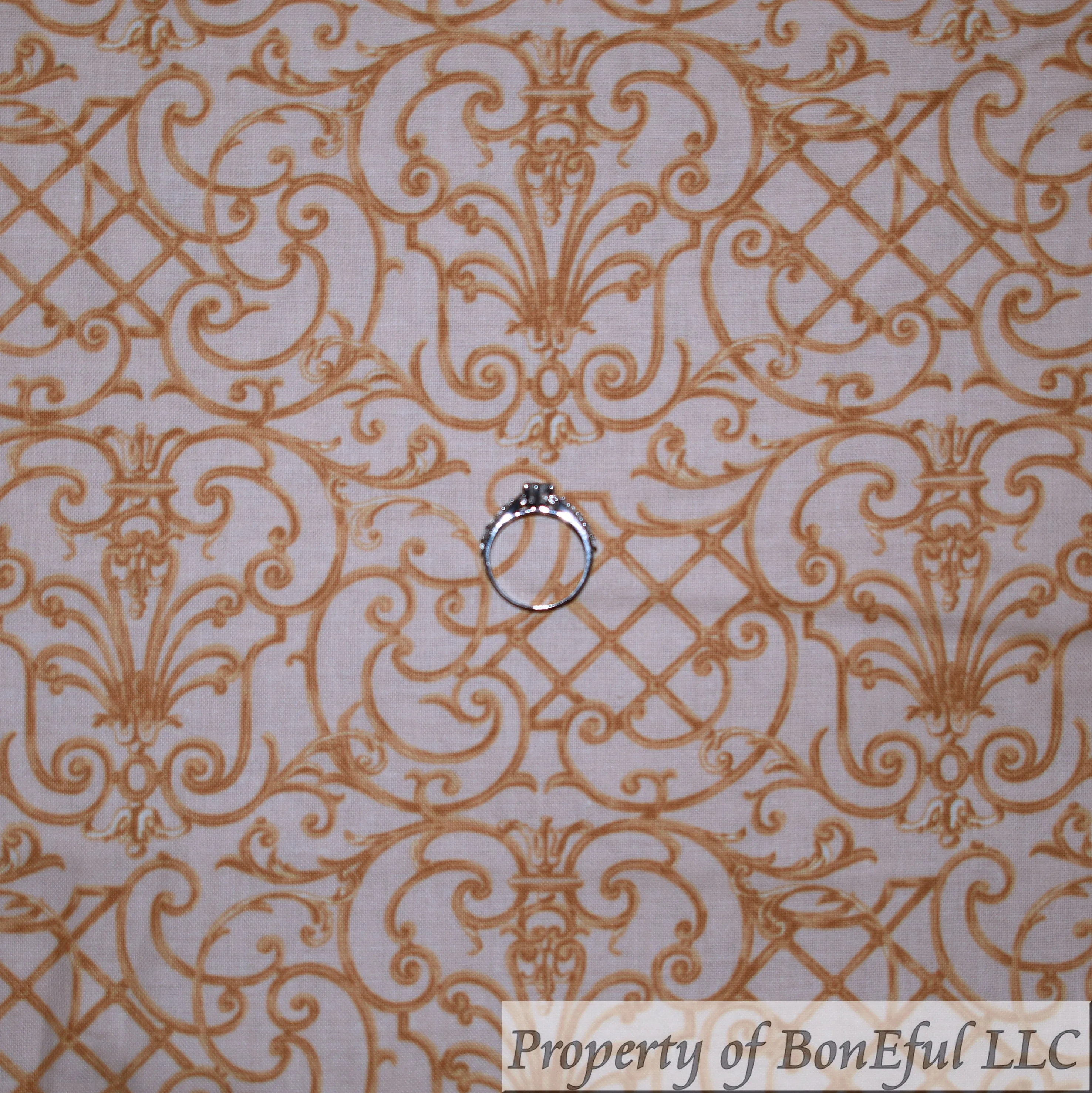Cotton Fabric BTY Cream Damask Gothic Gold Ironwork International Design