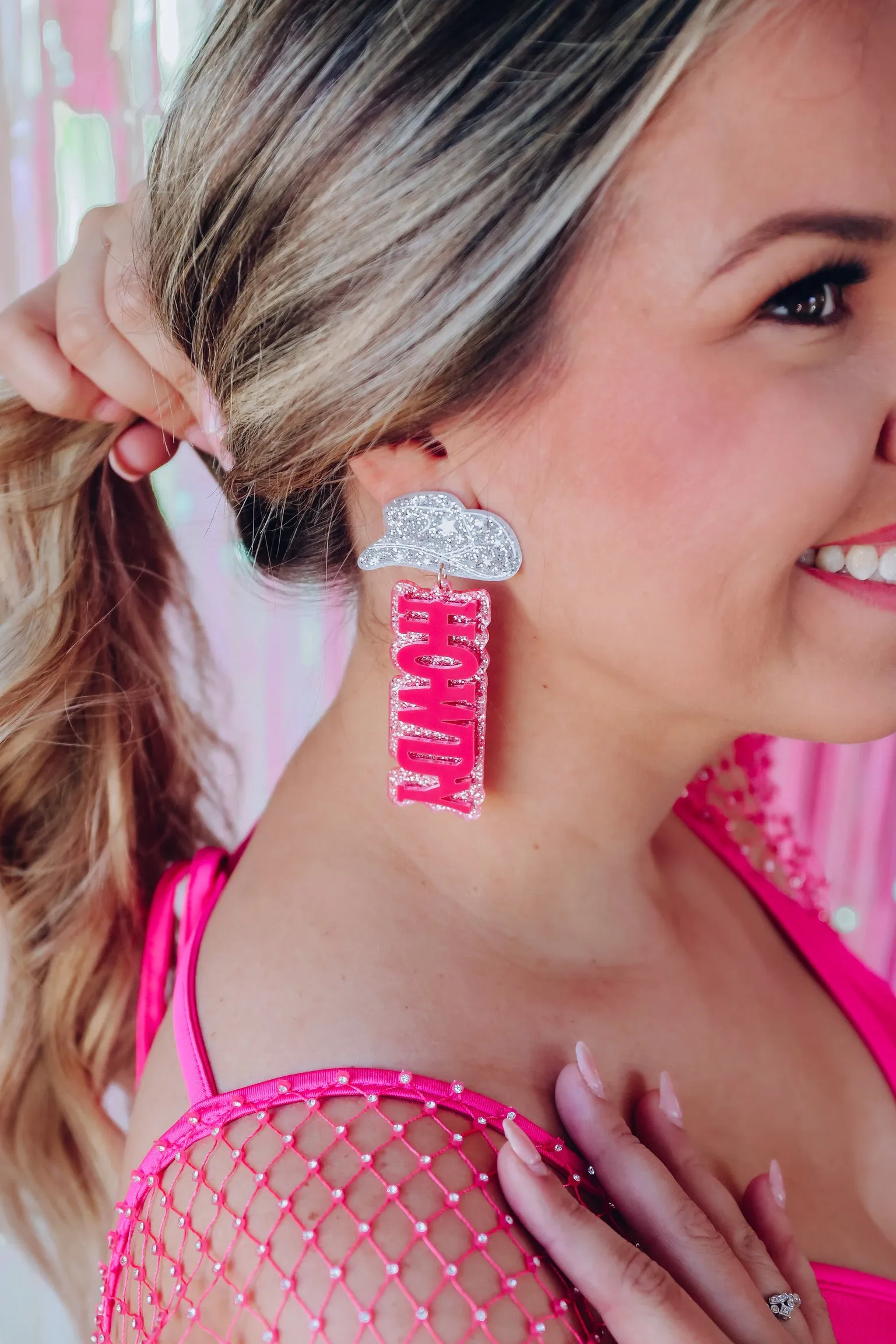 Cowboy Hat "Howdy" Glitter Earrings - Pink